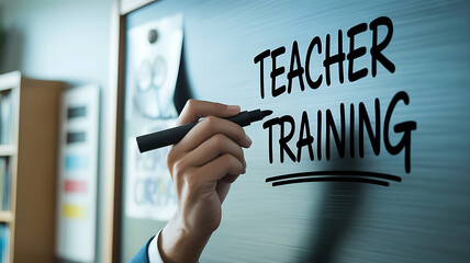Hand writing teacher training on a blue board marker