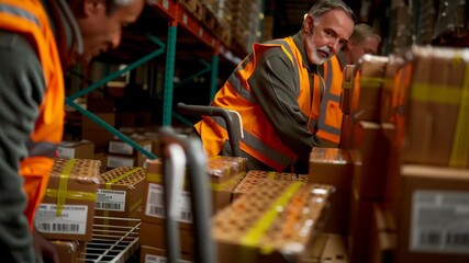 Efficient warehouse staff loading shipment boxes with care, showcasing teamwork and dedication in busy environment for successful deliveries