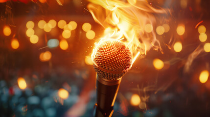  A microphone engulfed in flames at a blurred concert arena with space for text