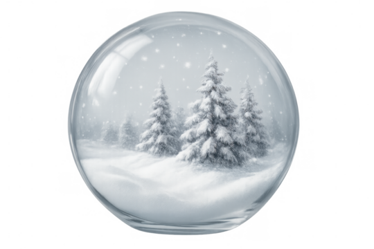 Snow is gently falling on snowy fir trees inside a glass snow globe, creating a magical winter wonderland against a transparent background