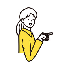 笑顔で指差ししているビジネスウーマンの横向のシンプルな上半身のイラスト素材