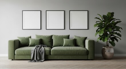 Stylish and Modern Interior Design Featuring a Cozy Green Sofa Surrounded by Minimalistic Decor and Serene Atmosphere