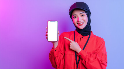 Smiling Muslim female courier wearing hijab pointing at a smartphone with blank screen. Ideal for delivery app mockups, e-commerce, logistics, and tech-friendly service concepts.