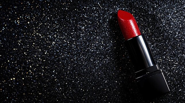Red lipstick on a sparkling black background, beauty and glamour concept - Powered by Adobe