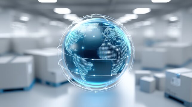 Global trade small business. Digital globe with a grid design, set in a modern warehouse environment filled with boxes.