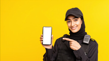 Smiling Muslim policewoman wearing hijab pointing at a smartphone with a blank screen. Ideal for app mockups, public service tech, or law enforcement communication concepts.