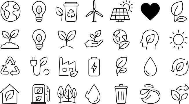 This eco vector icon set features minimal, clean designs representing sustainability, renewable energy, recycling, nature, green living, and environmental care.

