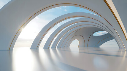 Obraz premium White arched futuristic corridor with gold trim and sky