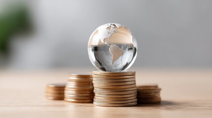 Global trade small business. A globe atop stacks of coins, symbolizing global finance and investment opportunities.