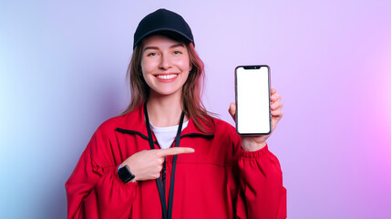Smiling female delivery courier pointing at a smartphone with a blank screen. Ideal for app mockups, delivery services, and modern logistics or mobile tracking promotions.