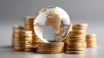 Global trade small business. Globe on stacks of coins representing global finance and investment concepts.