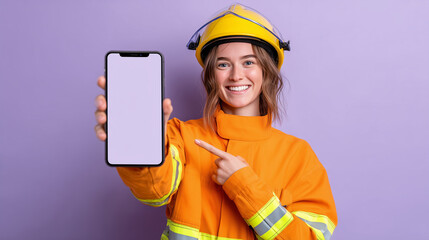 Smiling female firefighter pointing at a smartphone with a blank screen. Ideal for safety apps, emergency services, or mobile mockups with a heroic and friendly touch.
