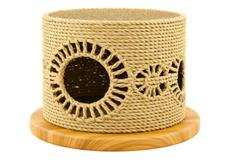 Rustic wooden cat house with multiple openings isolated on transparent background