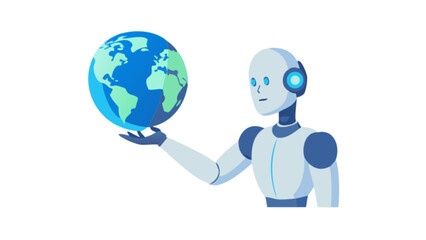 Ai robot holding world globe future technology automation artificial intelligence innovation worldwide network 100