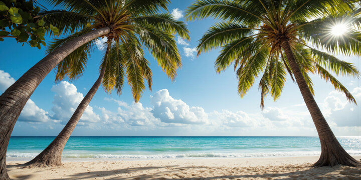 Tropical Beach Palm Shadows Tall palm trees cast long, intricate shadows on a smooth, sandy beach, with the turquoise ocean