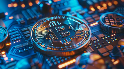 Close-up of a shiny Bitcoin on a computer circuit board, symbolizing cryptocurrency and digital finance.