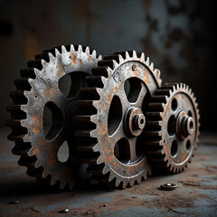 Close-up of a rusty gear wheel with corroded metal texture, showing the aged industrial beauty of mechanical parts