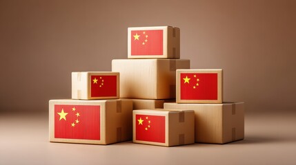 Obraz premium Global trade small business. Boxes decorated with Chinese flags stacked in a creative arrangement against a neutral background.