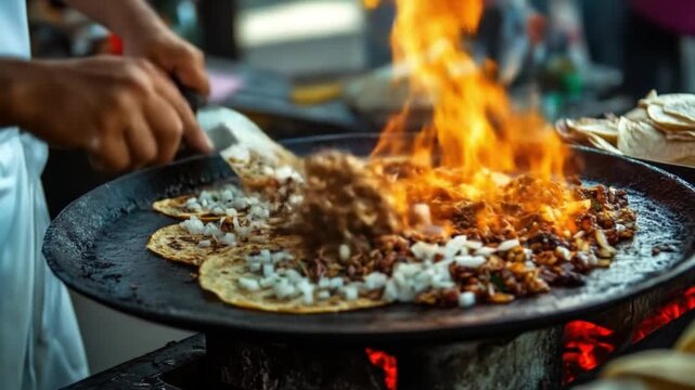 Fiery Street Food Tacos Preparation: A Mexican Culinary Experience