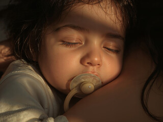 The child is sound asleep in his mother's arms, demonstrating a tender moment of parental affection and love. The close-up highlights the emotional bond between child and parent.