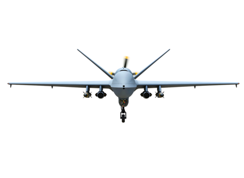 Military drone front view isolated on transparent background