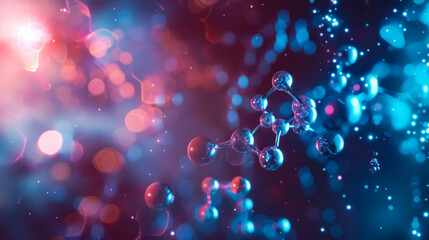 Colorful molecular structure with glowing particles on a pink-blue background, symbolizing innovation and nanotechnology.