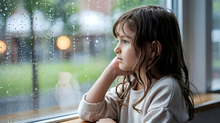 Pensive Young Girl Gazing Out Window on a Rainy Day with Melancholy