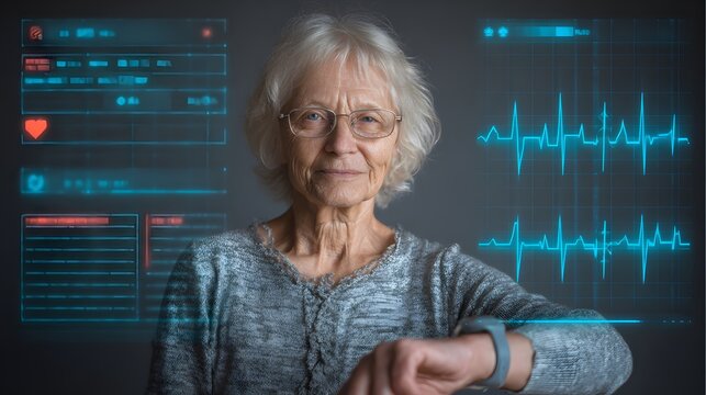 Senior woman monitoring health data using smartwatch and digital display technology - Powered by Adobe