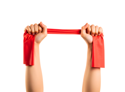 Two hands pulling a red resistance band isolated on transparent background