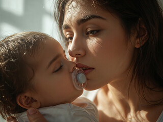 The child is sound asleep in his mother's arms, demonstrating a tender moment of parental affection and love. The close-up highlights the emotional bond between child and parent.