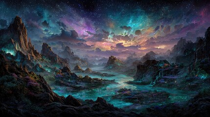 Fantasy Glowing Cityscape At Night Under Starry Sky