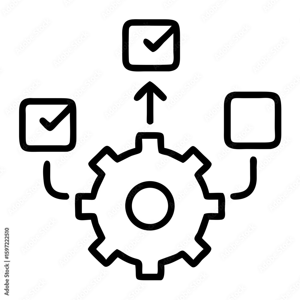 Poster gear mechanism with check marks and a square connected by lines and an arrow drawing on transparent 
