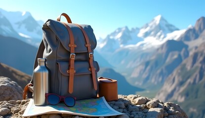 Travel Backpack with Accessories on Mountain Viewpoint