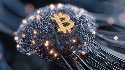 Human brain with lit bitcoin symbol depicting intersection of ai and cryptocurrency in quantum crypto mesh concept