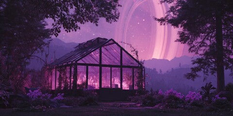 Purple greenhouse garden cosmic scene