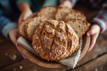 A Freshly Baked Rustic Bread Loaf Resting on a Wooden Table, Ready to Enjoy with Family
