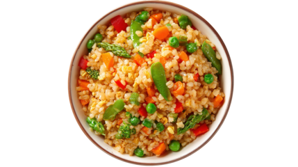 Delicious Plate of Fried Rice with Egg, Chicken and Vegetables Isolated on a Transparent Background