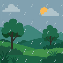 Fototapeta premium Flat Vector Illustration of Rainy Day in Green Landscape with Trees and Hills