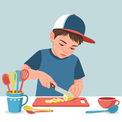 Child Slicing Banana on Cutting Board with Kitchen Utensils Around