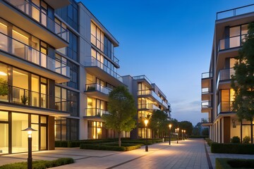 Obraz premium Twilight Residential Walkway Framed by Modern Apartment Buildings with Balconies, Street Lamps, and Trees
