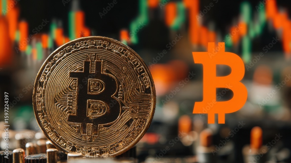 Poster bitcoin coin on an insight panel displaying combined data and information relevant to cryptocurrency