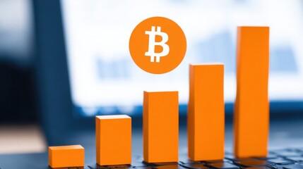Laptop displaying bitcoin icon with rising macd histogram bars symbolizing cryptocurrency market trends and growth