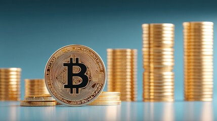 Bitcoin coin positioned in front of stacks of gold coins representing profit and loss tracking in cryptocurrency investments