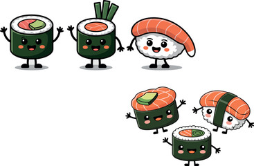 Naklejka premium a collection of adorable and anthropomorphic sushi characters, each with smiling faces and small arms and legs. 