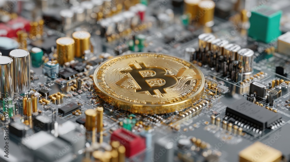 Poster bitcoin coin embedded on a computer motherboard representing the intersection of technology and digi