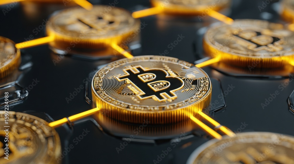 Poster bitcoin surrounded by multiple bitcoin icons representing secure storage in a quantum custody grid c
