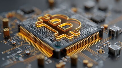 Close-up of a bitcoin chip highlighting circuitry and technology behind digital currency operations and transactions