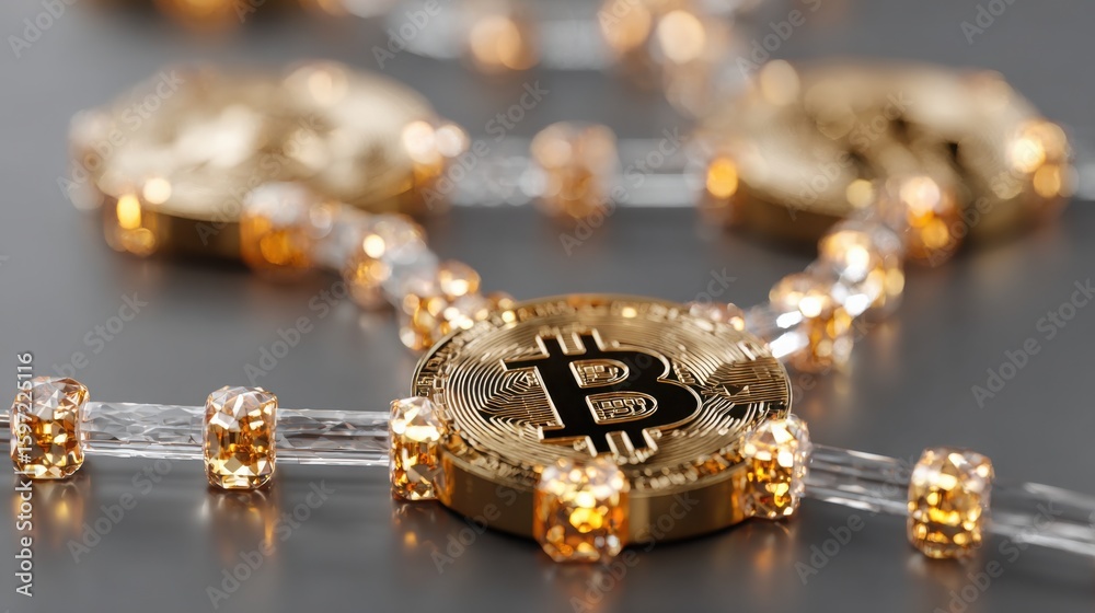 Poster bitcoin coin surrounded by sparkling diamonds representing value and wealth in a quantum ecosystem m