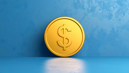 Golden Dollar Coin Leaning Against a Textured Blue Wall with Reflection