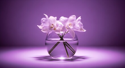 Obraz premium Elegant White Orchids in Glass Vase with Serene Purple Background Lighting
